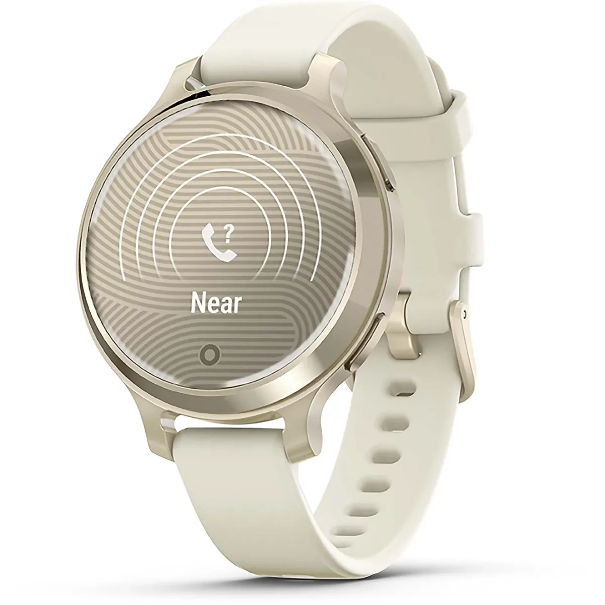 Garmin Lily 2 Active in Lunar Gold on a wrist, highlighting the hidden patterned touchscreen and built-in GPS track.
