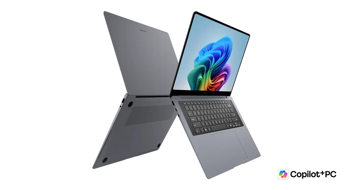 Samsung Galaxy Book6 Ultra professional laptop with 16-inch Dynamic AMOLED 2X display and titanium finish, showcasing a sleek profile and thin bezels.